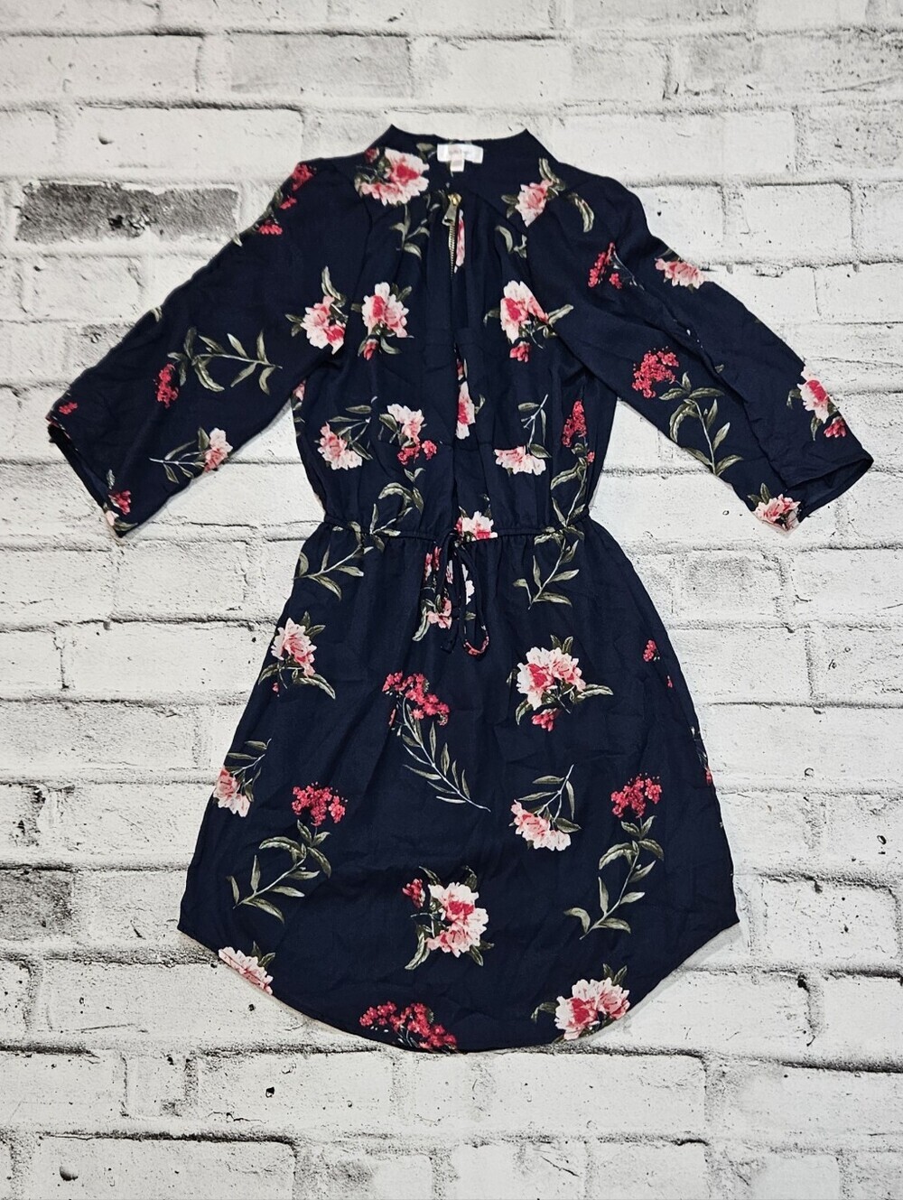 Stella Tweed Floral Zip Front Midi Dress Navy Pink Womens XS